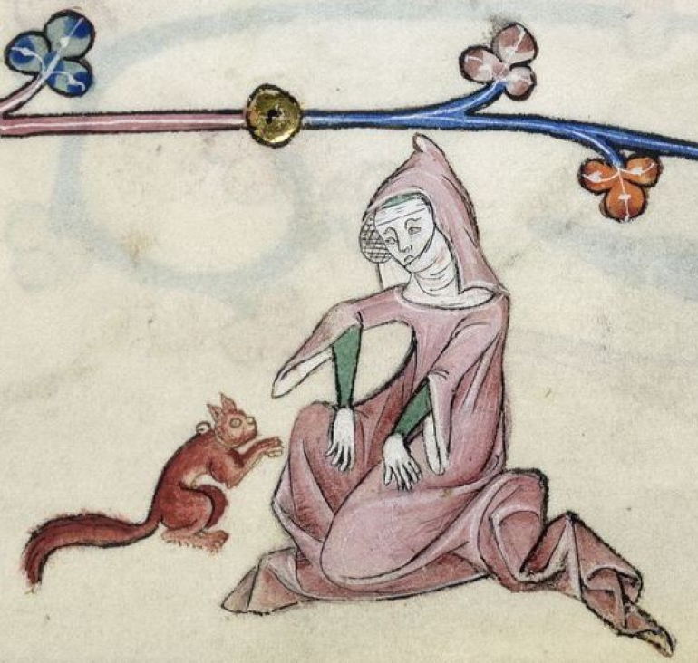 Ova iluminacija iz Luttrell Psaltira prikazuje ženu sa svojom vjevericom ljubimcem s ogrlicom. (Luttrell Psalter, c. 1320-1340, f. 181v, Add MS 42130/ British Library )