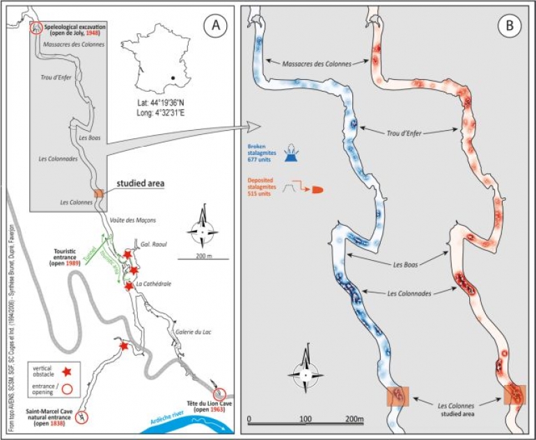 Karta koja prikazuje lokaciju pećinske komore sa slomljenim speleotemama. (Delannoy et al., J. Archaeol. Method Theory , 2024.)